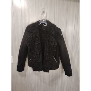JOUJOU Faux Suede Black Jacket Coat Size Small Goth Emo Alternative Sherpa Lined